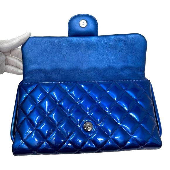 CHANEL 2014 Runway Electric Blue Patent Leather Quilted Bag Metal Handle Rectang - Picture 9 of 13